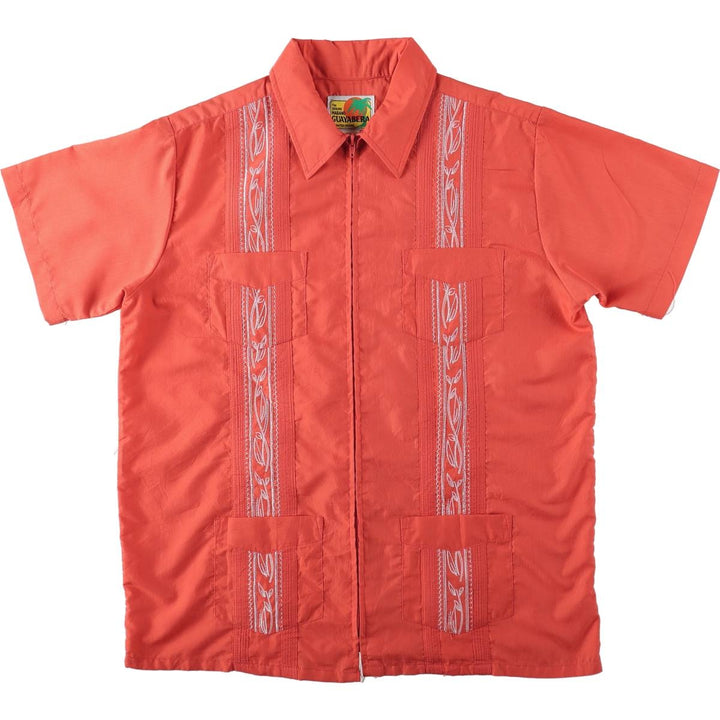GUAYABERA Short-Sleeve Mexican Shirt, Cuban Shirt, Boxy Shirt, Men's Size M (approx.) polyester coral Vintage Second Hand