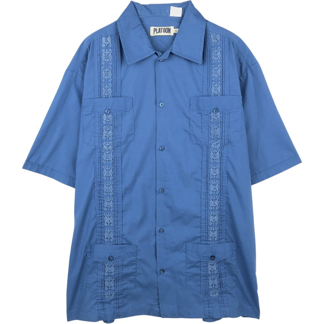 PLATOON Short Sleeve Mexican Shirt, Cuban Shirt, Box Shirt, Men's XL Size cotton blue type Vintage Second Hand