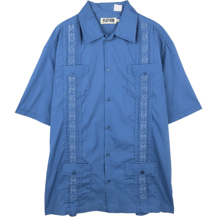 PLATOON Short Sleeve Mexican Shirt, Cuban Shirt, Box Shirt, Men's XL Size cotton blue type Vintage Second Hand
