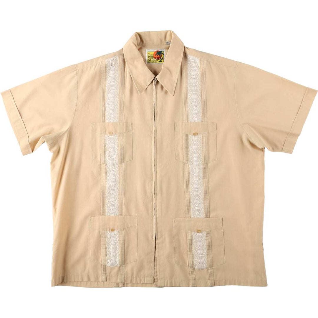 GUAYABERA Short-Sleeve Mexican Shirt, Cuban Shirt, Boxy Shirt, Men's Size XL (approx.) polyester Beige type Vintage Second Hand