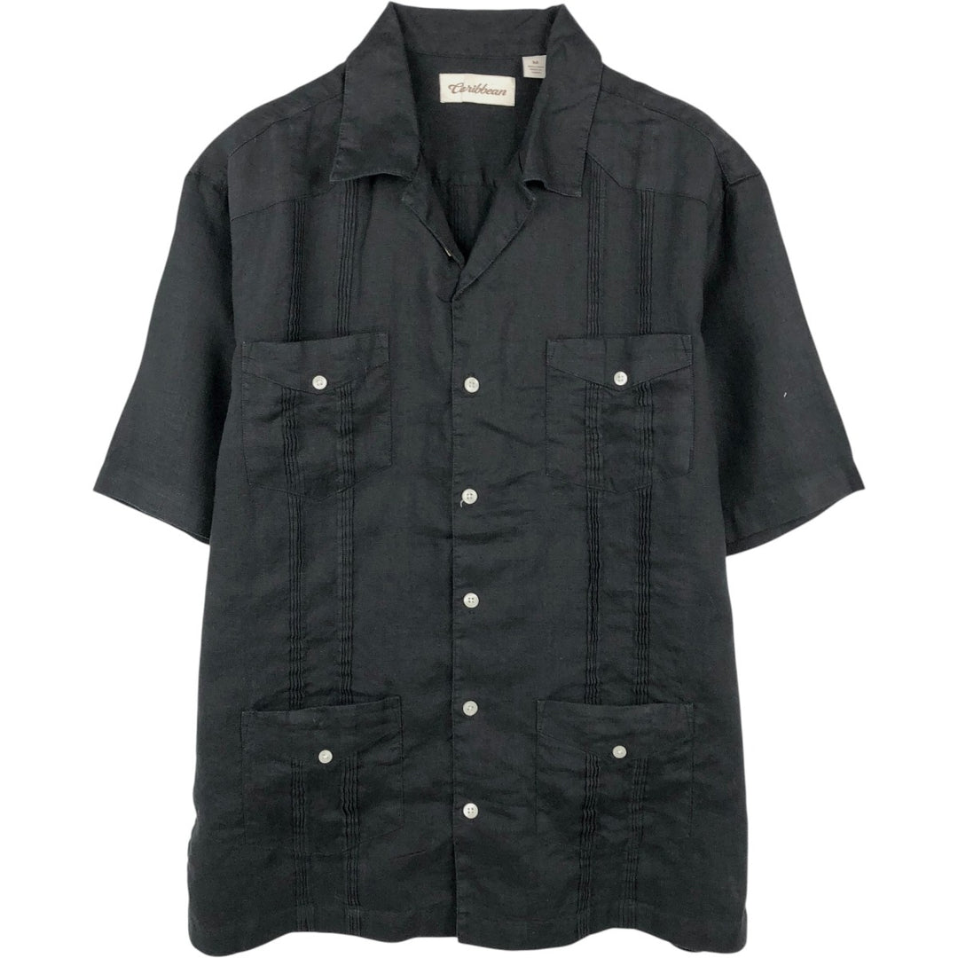 Caribbean Short-Sleeve Open-Collar Mexican Shirt, Cuban Shirt, Boxy Shirt, Men's Size M linen black type Vintage Second Hand