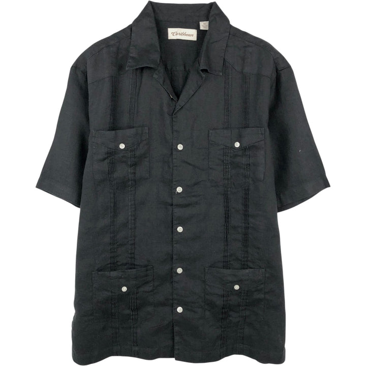 Caribbean Short-Sleeve Open-Collar Mexican Shirt, Cuban Shirt, Boxy Shirt, Men's Size M linen black type Vintage Second Hand