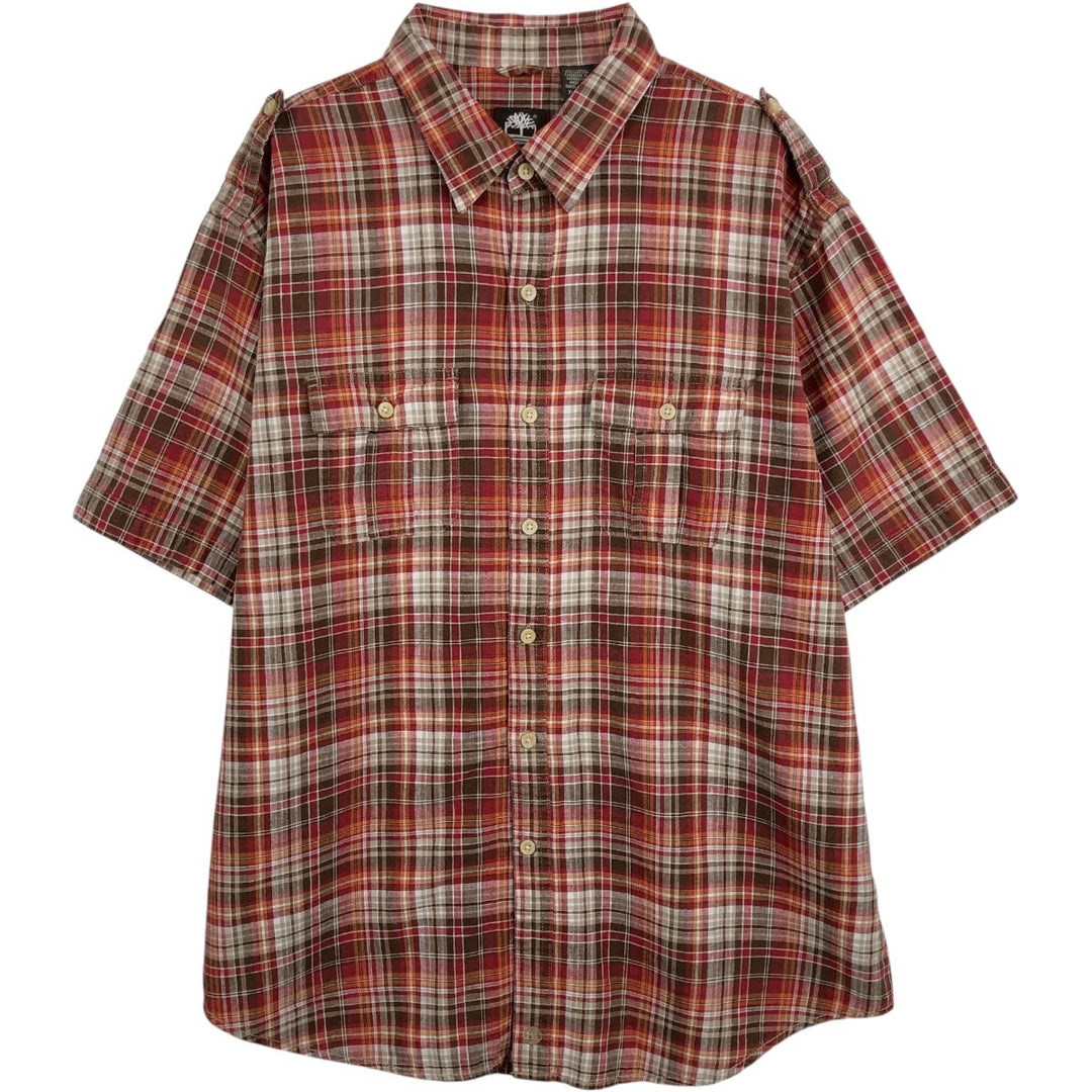 Timberland Check Pattern Short-Sleeve Cotton x Linen Shirt, Men's Size XL (approx.) linen red type Vintage Second Hand