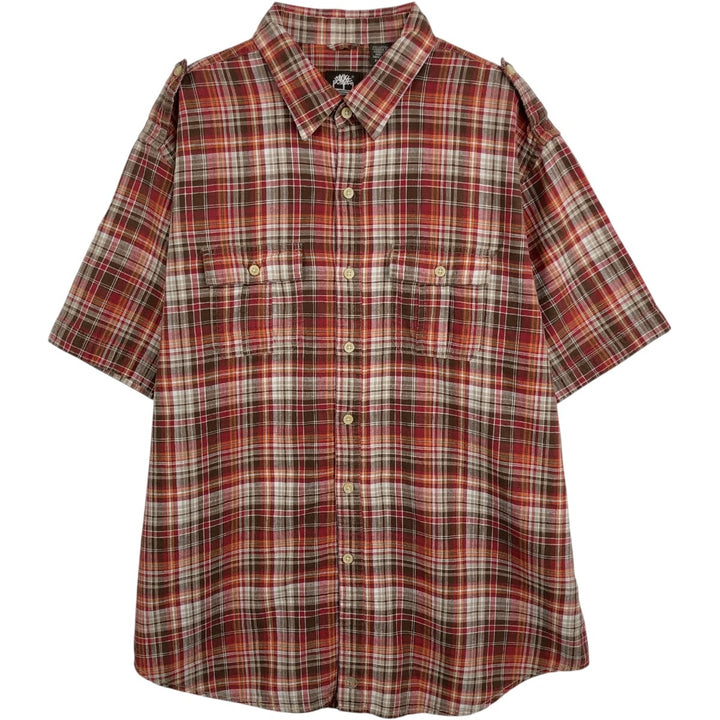 Timberland Check Pattern Short-Sleeve Cotton x Linen Shirt, Men's Size XL (approx.) linen red type Vintage Second Hand