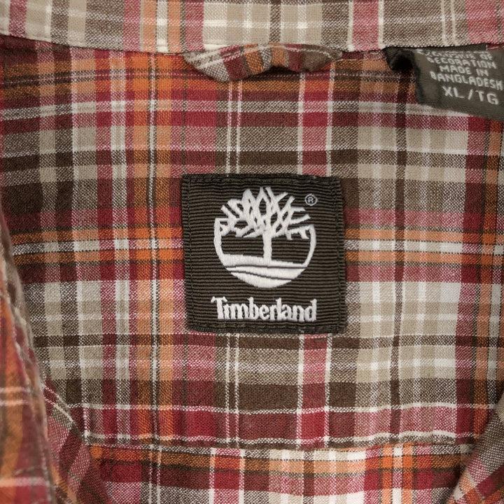 Timberland Check Pattern Short-Sleeve Cotton x Linen Shirt, Men's Size XL (approx.) linen red type Vintage Second Hand