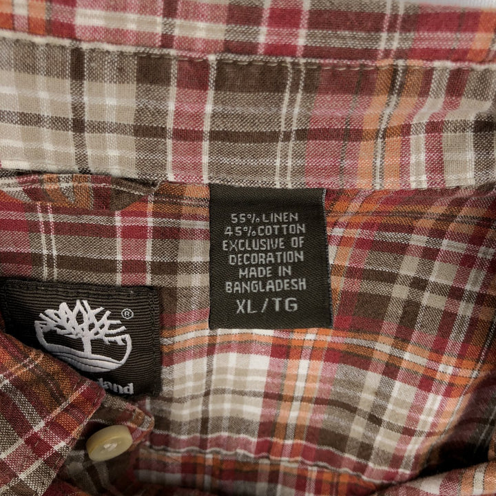 Timberland Check Pattern Short-Sleeve Cotton x Linen Shirt, Men's Size XL (approx.) linen red type Vintage Second Hand