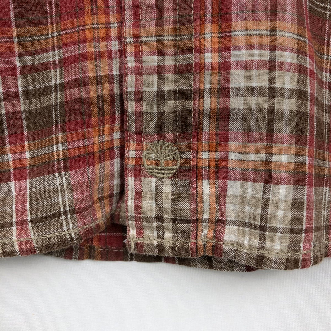 Timberland Check Pattern Short-Sleeve Cotton x Linen Shirt, Men's Size XL (approx.) linen red type Vintage Second Hand