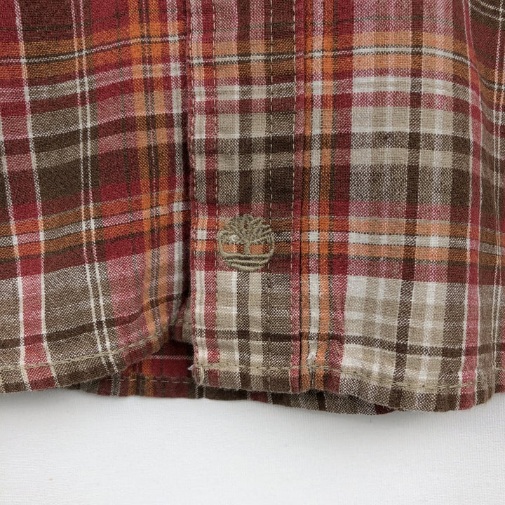 Timberland Check Pattern Short-Sleeve Cotton x Linen Shirt, Men's Size XL (approx.) linen red type Vintage Second Hand