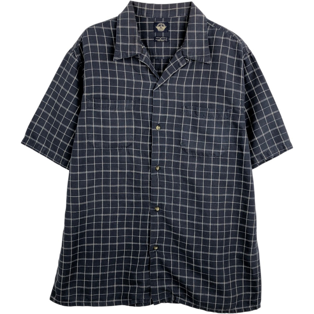 Dockers Check Pattern Short-Sleeve Open Collar Cotton x Linen Shirt, Boxy Fit, Men's Size M (approx.) linen navy blue type Vintage Second Hand