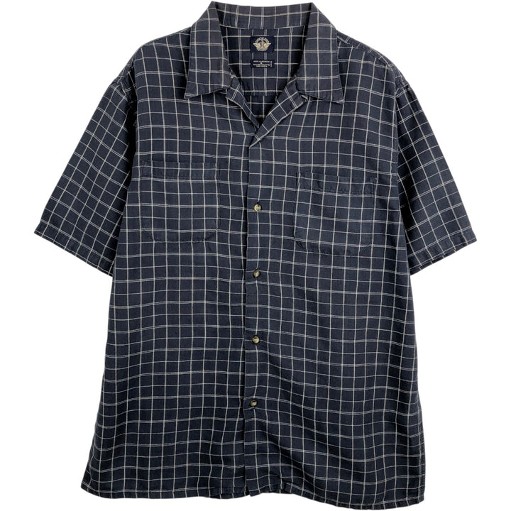 Dockers Check Pattern Short-Sleeve Open Collar Cotton x Linen Shirt, Boxy Fit, Men's Size M (approx.) linen navy blue type Vintage Second Hand