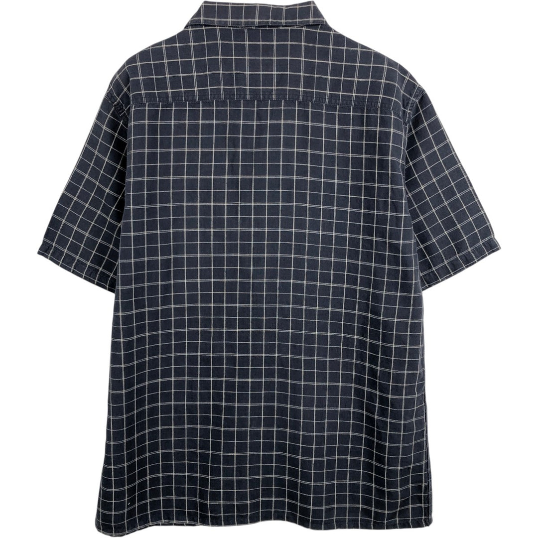 Dockers Check Pattern Short-Sleeve Open Collar Cotton x Linen Shirt, Boxy Fit, Men's Size M (approx.) linen navy blue type Vintage Second Hand