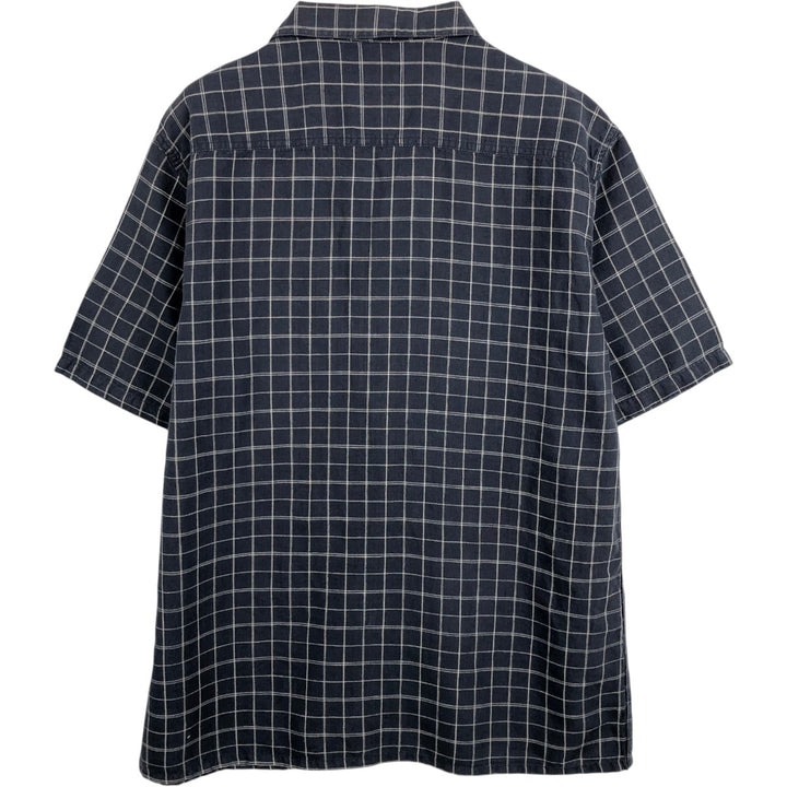 Dockers Check Pattern Short-Sleeve Open Collar Cotton x Linen Shirt, Boxy Fit, Men's Size M (approx.) linen navy blue type Vintage Second Hand