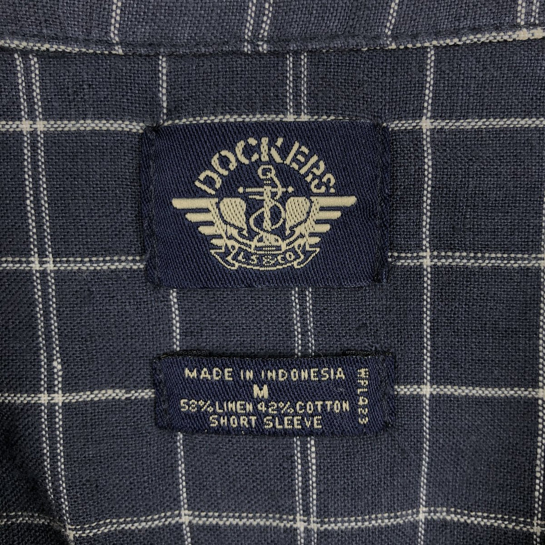 Dockers Check Pattern Short-Sleeve Open Collar Cotton x Linen Shirt, Boxy Fit, Men's Size M (approx.) linen navy blue type Vintage Second Hand