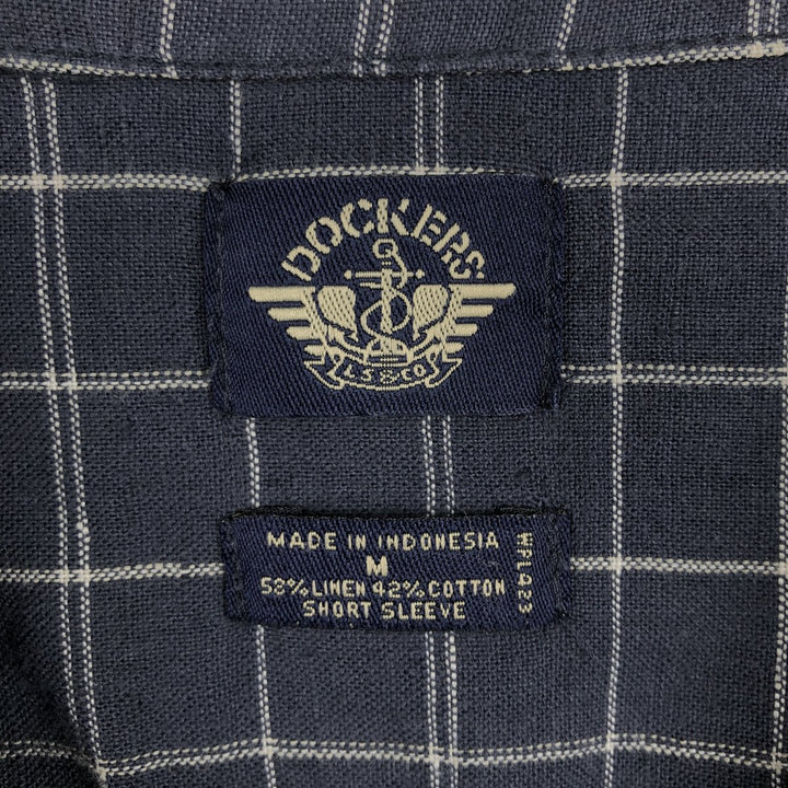 Dockers Check Pattern Short-Sleeve Open Collar Cotton x Linen Shirt, Boxy Fit, Men's Size M (approx.) linen navy blue type Vintage Second Hand