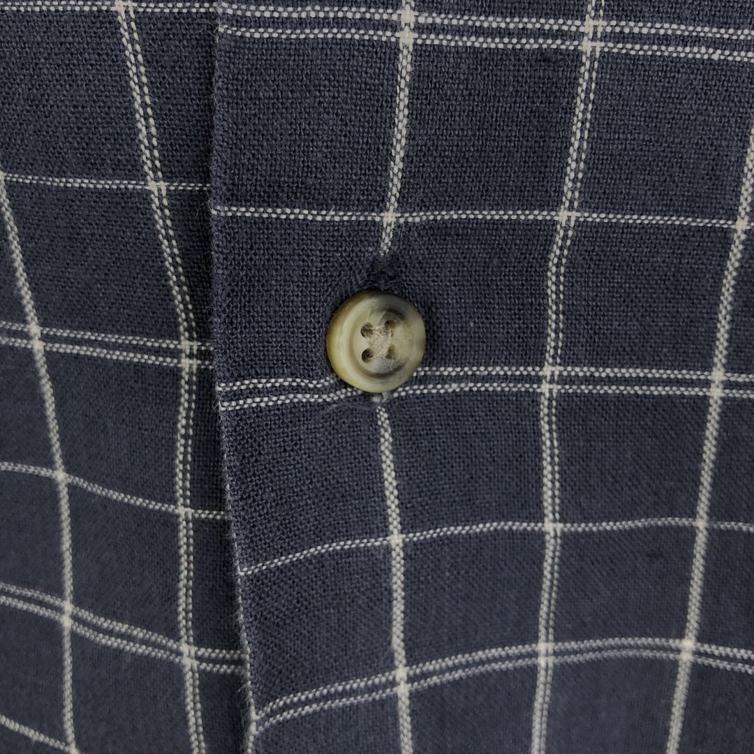 Dockers Check Pattern Short-Sleeve Open Collar Cotton x Linen Shirt, Boxy Fit, Men's Size M (approx.) linen navy blue type Vintage Second Hand