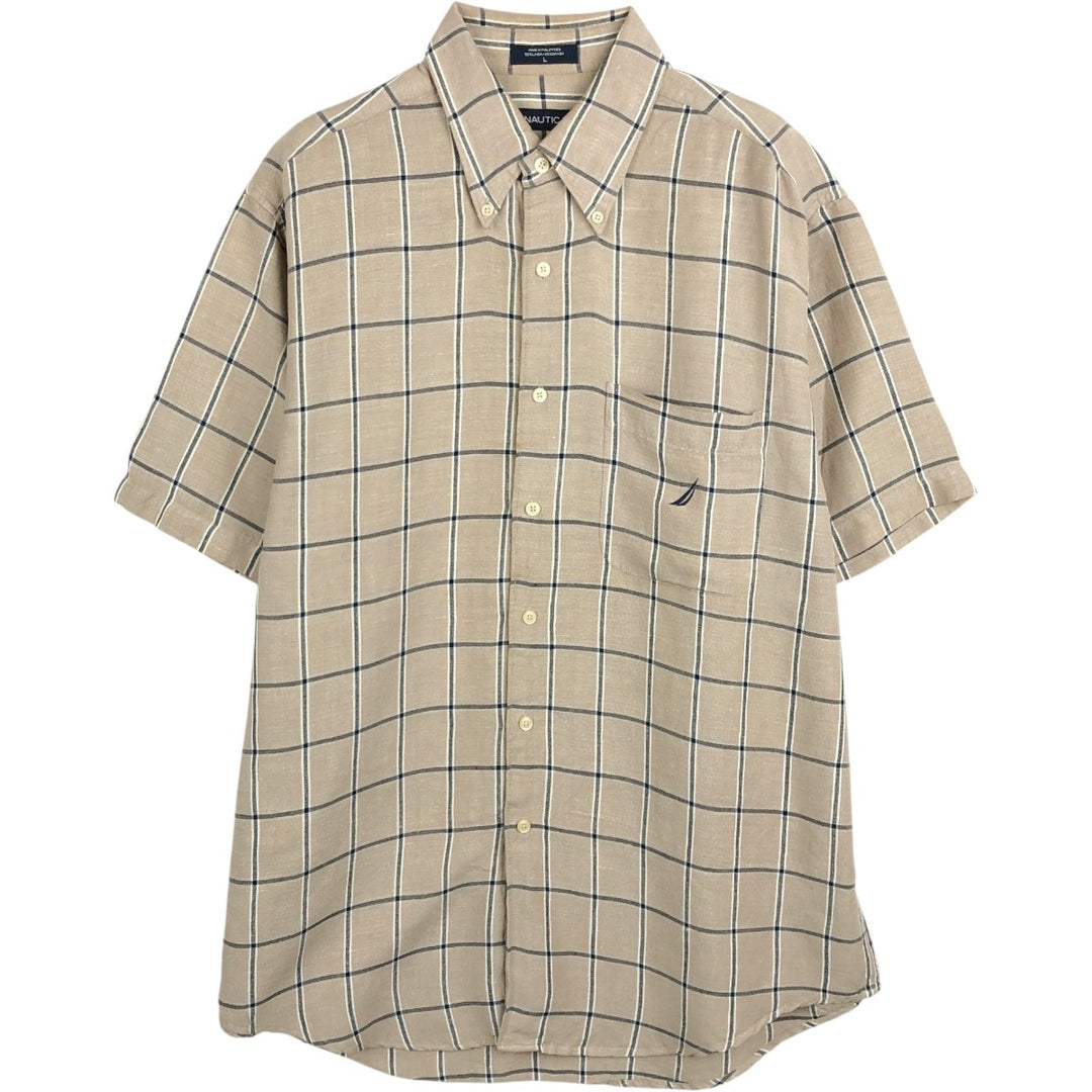 2000'S Nautica Check Pattern Short-Sleeve Rayon x Linen Button-Down Shirt, Men's Size L (approx.) linen Beige type Vintage Second Hand