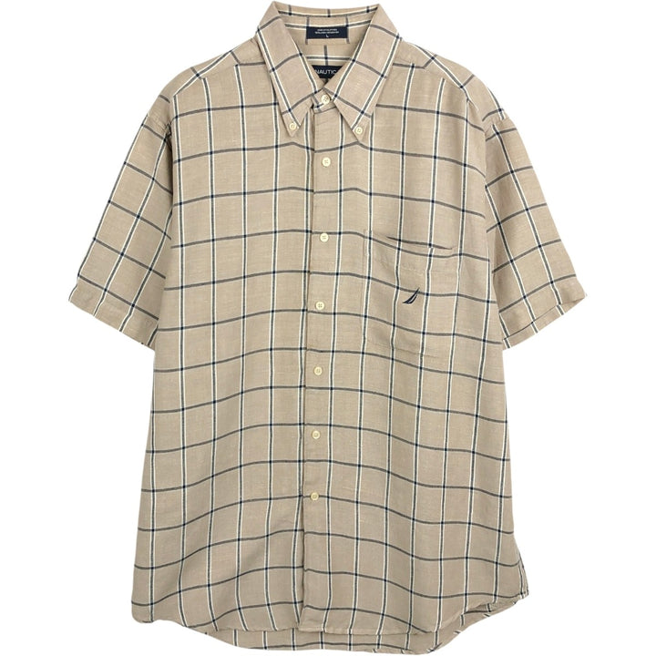 2000'S Nautica Check Pattern Short-Sleeve Rayon x Linen Button-Down Shirt, Men's Size L (approx.) linen Beige type Vintage Second Hand