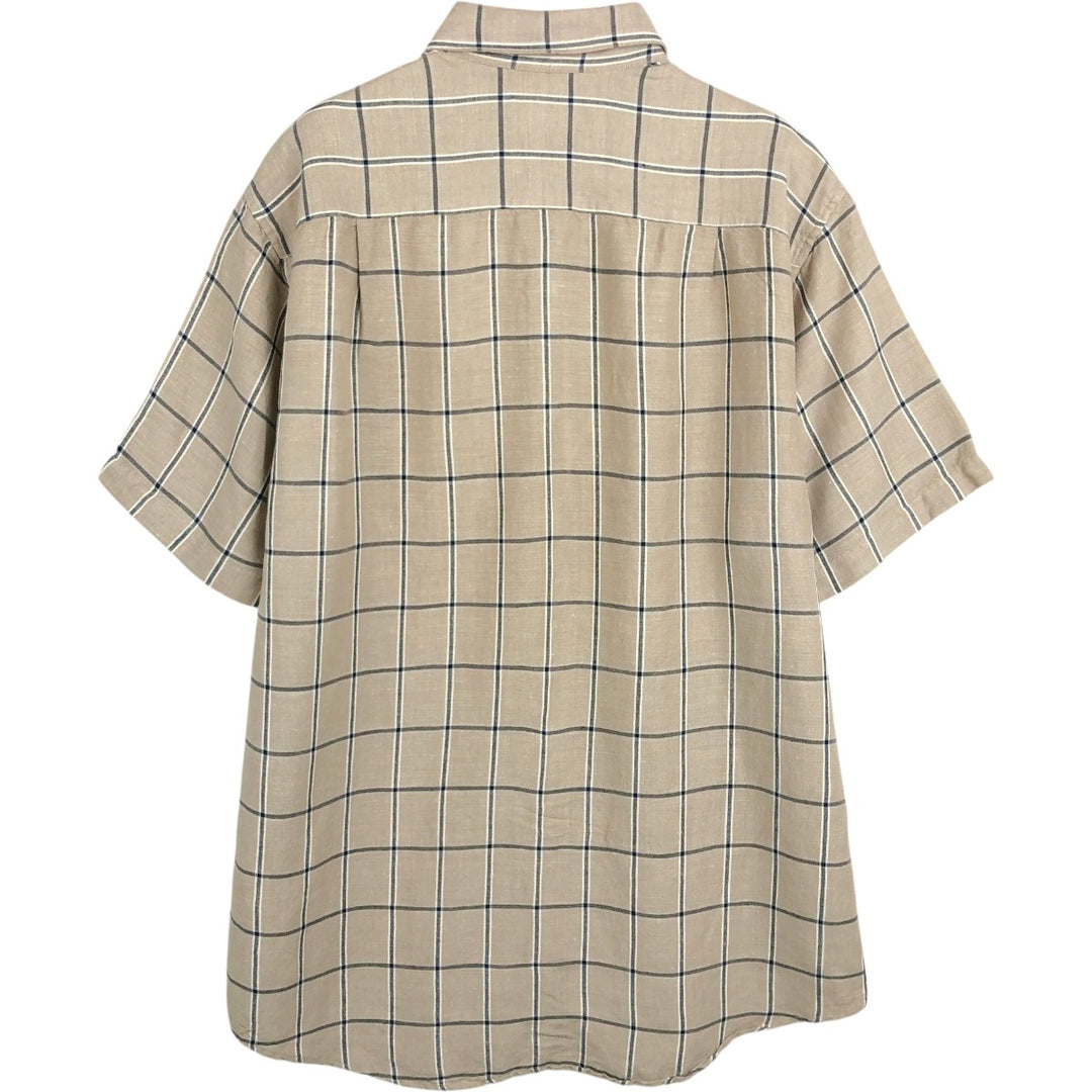2000'S Nautica Check Pattern Short-Sleeve Rayon x Linen Button-Down Shirt, Men's Size L (approx.) linen Beige type Vintage Second Hand