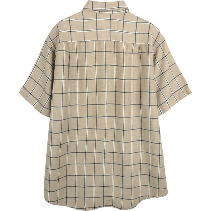 2000'S Nautica Check Pattern Short-Sleeve Rayon x Linen Button-Down Shirt, Men's Size L (approx.) linen Beige type Vintage Second Hand