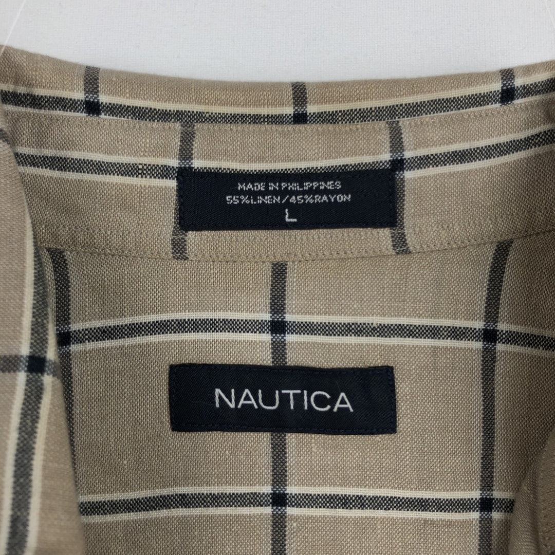 2000'S Nautica Check Pattern Short-Sleeve Rayon x Linen Button-Down Shirt, Men's Size L (approx.) linen Beige type Vintage Second Hand