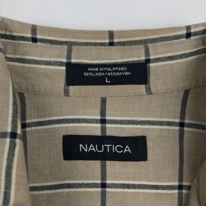 2000'S Nautica Check Pattern Short-Sleeve Rayon x Linen Button-Down Shirt, Men's Size L (approx.) linen Beige type Vintage Second Hand