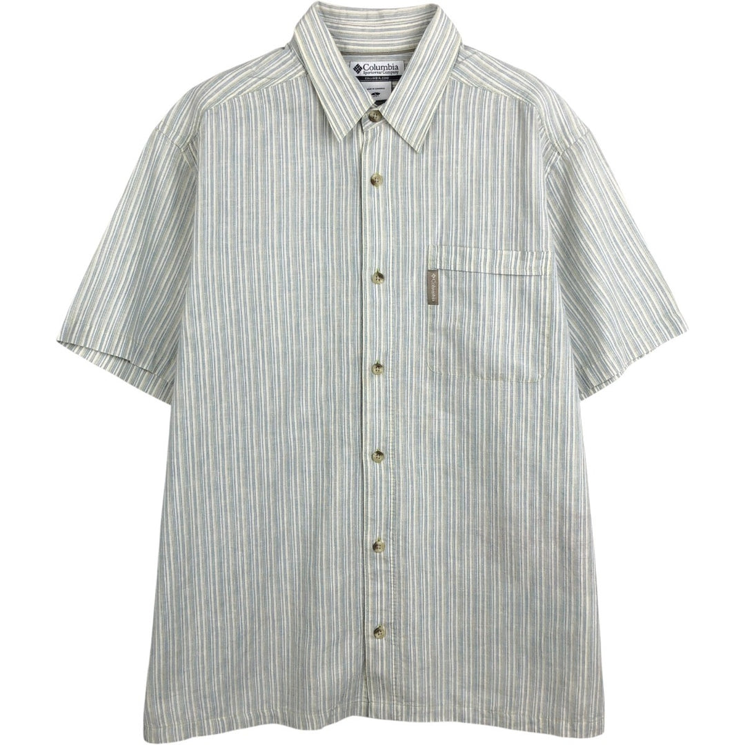 2000'S Columbia Stripe Pattern Short-Sleeve Cotton x Linen Box Shirt, Men's Size L (approx.) linen Blue type light blue Vintage Second Hand