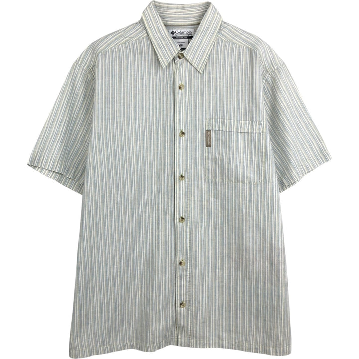 2000'S Columbia Stripe Pattern Short-Sleeve Cotton x Linen Box Shirt, Men's Size L (approx.) linen Blue type light blue Vintage Second Hand