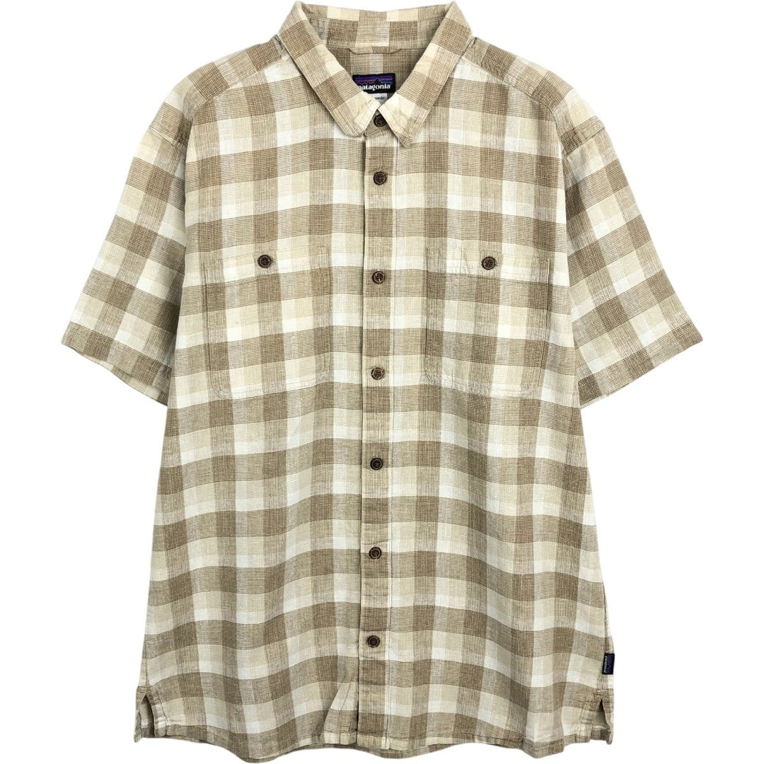 Patagonia 53138SP14 Check Pattern Short Sleeve Cotton x Hemp Box Shirt Men's Size L (approx.) Hemp Beige type Vintage Second Hand