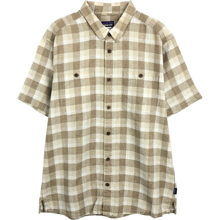 Patagonia 53138SP14 Check Pattern Short Sleeve Cotton x Hemp Box Shirt Men's Size L (approx.) Hemp Beige type Vintage Second Hand