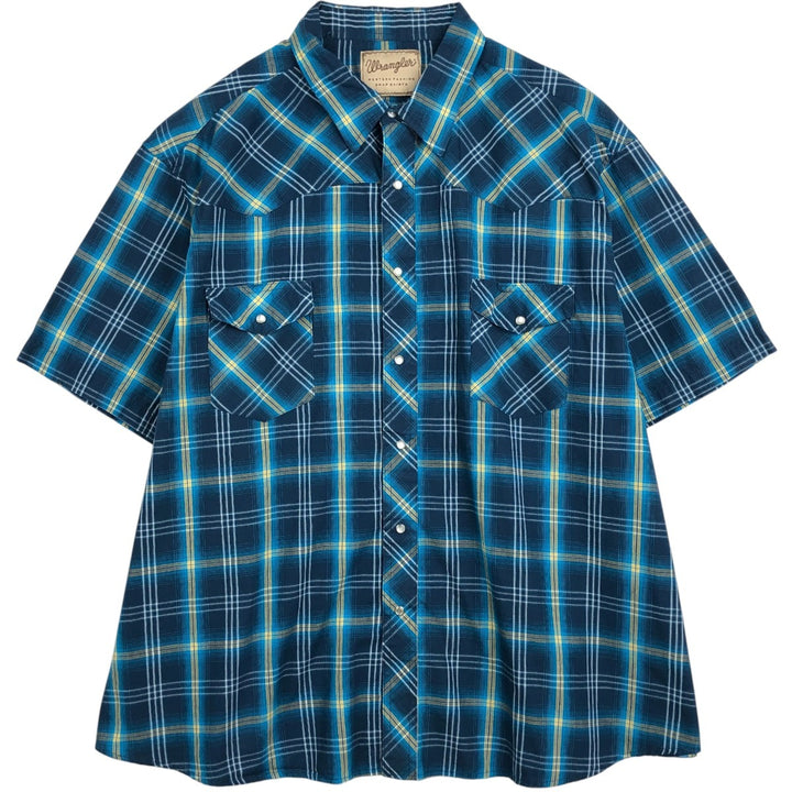 Wrangler Check Pattern Short-Sleeve Western Shirt, Men's Size XXXL (approx.) polyester blue type Vintage Second Hand