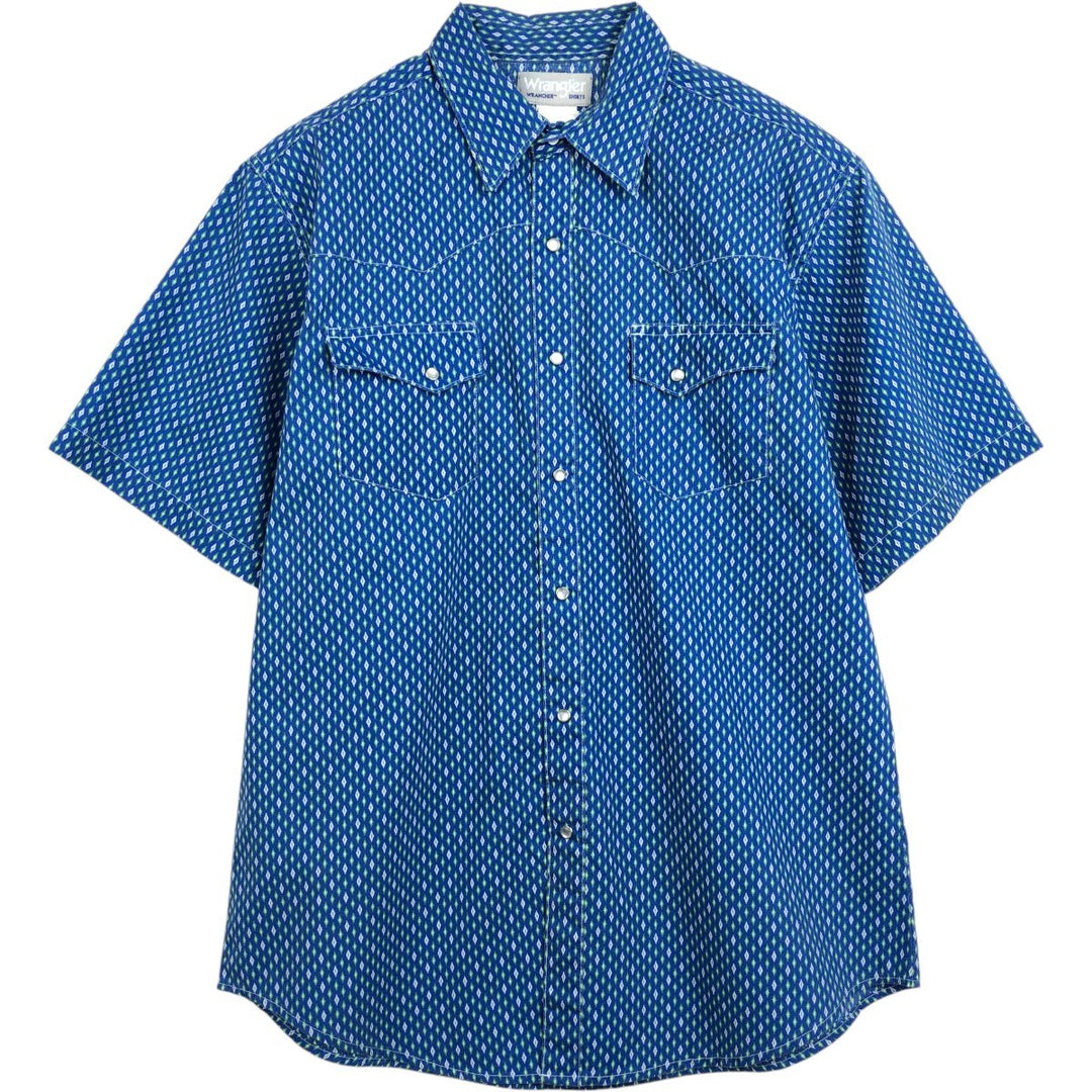 Wrangler all-over diamond pattern short-sleeved Western shirt, men's size L (approx.) cotton blue type Vintage Second Hand