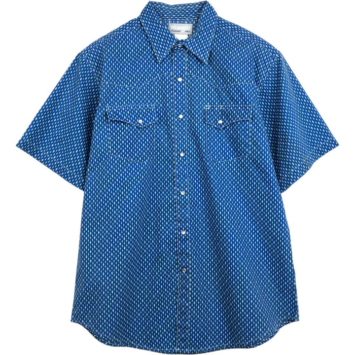Wrangler all-over diamond pattern short-sleeved Western shirt, men's size L (approx.) cotton blue type Vintage Second Hand