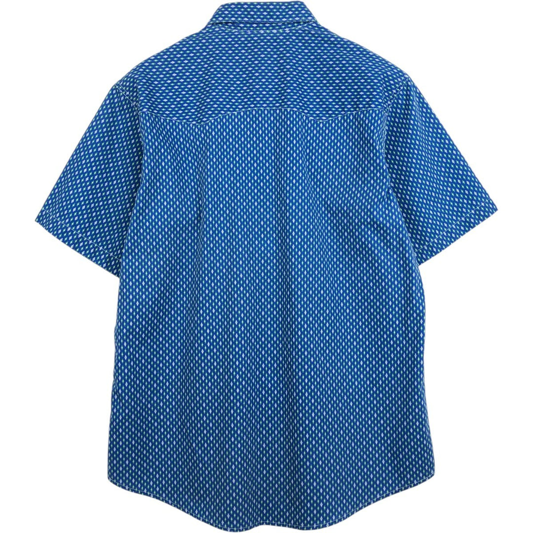 Wrangler all-over diamond pattern short-sleeved Western shirt, men's size L (approx.) cotton blue type Vintage Second Hand