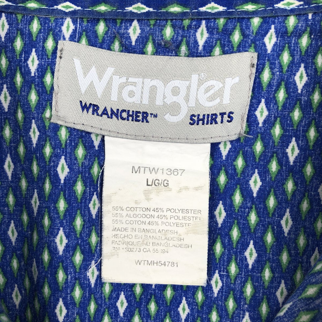 Wrangler all-over diamond pattern short-sleeved Western shirt, men's size L (approx.) cotton blue type Vintage Second Hand