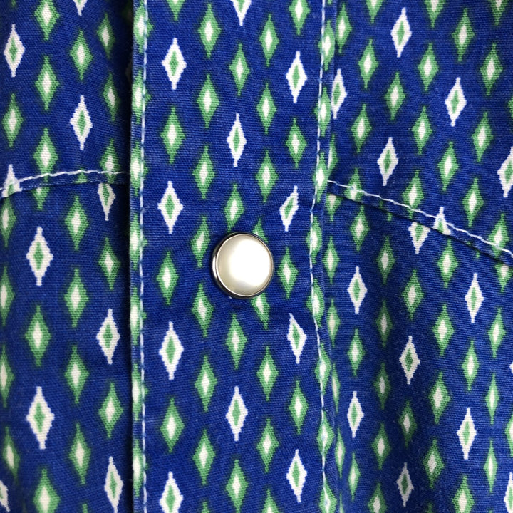 Wrangler all-over diamond pattern short-sleeved Western shirt, men's size L (approx.) cotton blue type Vintage Second Hand