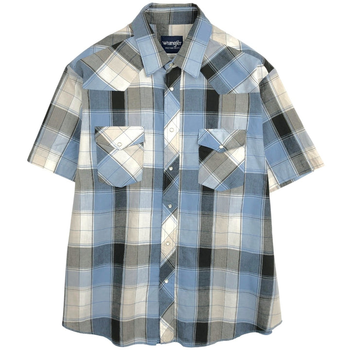 Wrangler Western Shirts, Check Pattern, Short Sleeve, Men's Size XL (approx.) cotton Blue type light blue Vintage Second Hand