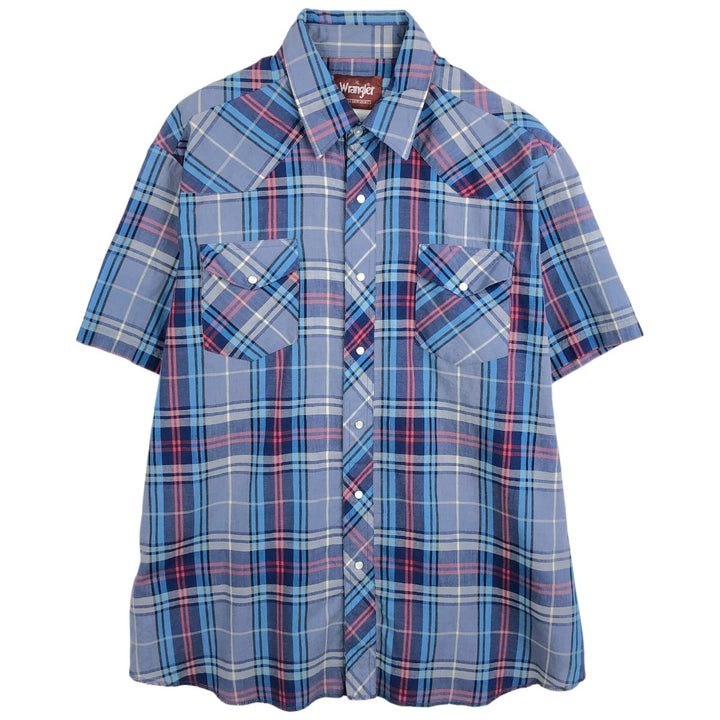 80s-90'S Wrangler Western Shirt, Check Pattern, Short Sleeve, Men's Size XL (Equivalent), Vintage cotton navy blue type Vintage Second Hand
