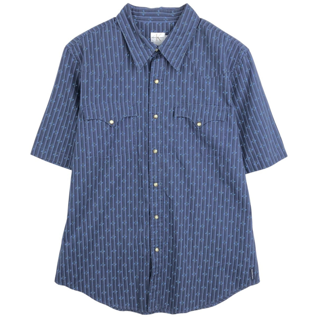 90s-00'S Calvin Klein Jeans Stripe Pattern Short-Sleeve Western Shirt, Men's Size L (approx.), Vintage cotton navy blue type Vintage Second Hand