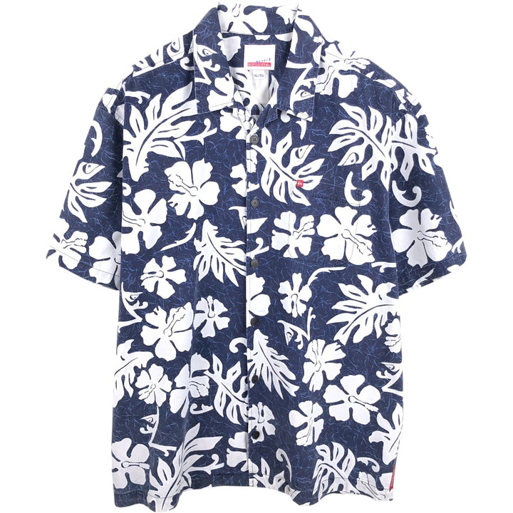 QUIKSILVER All-over Hibiscus Pattern Open Collar Hawaiian Aloha Shirt Box Shirt Men's XL Equivalent unclear navy blue type Vintage Second Hand