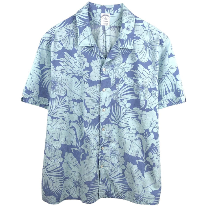 Brooks Brothers 1818 All-over Hibiscus Pattern Open Collar Seersucker Aloha Shirt Box Shirt Men's Size L (approx.) cotton blue type Vintage Second Hand