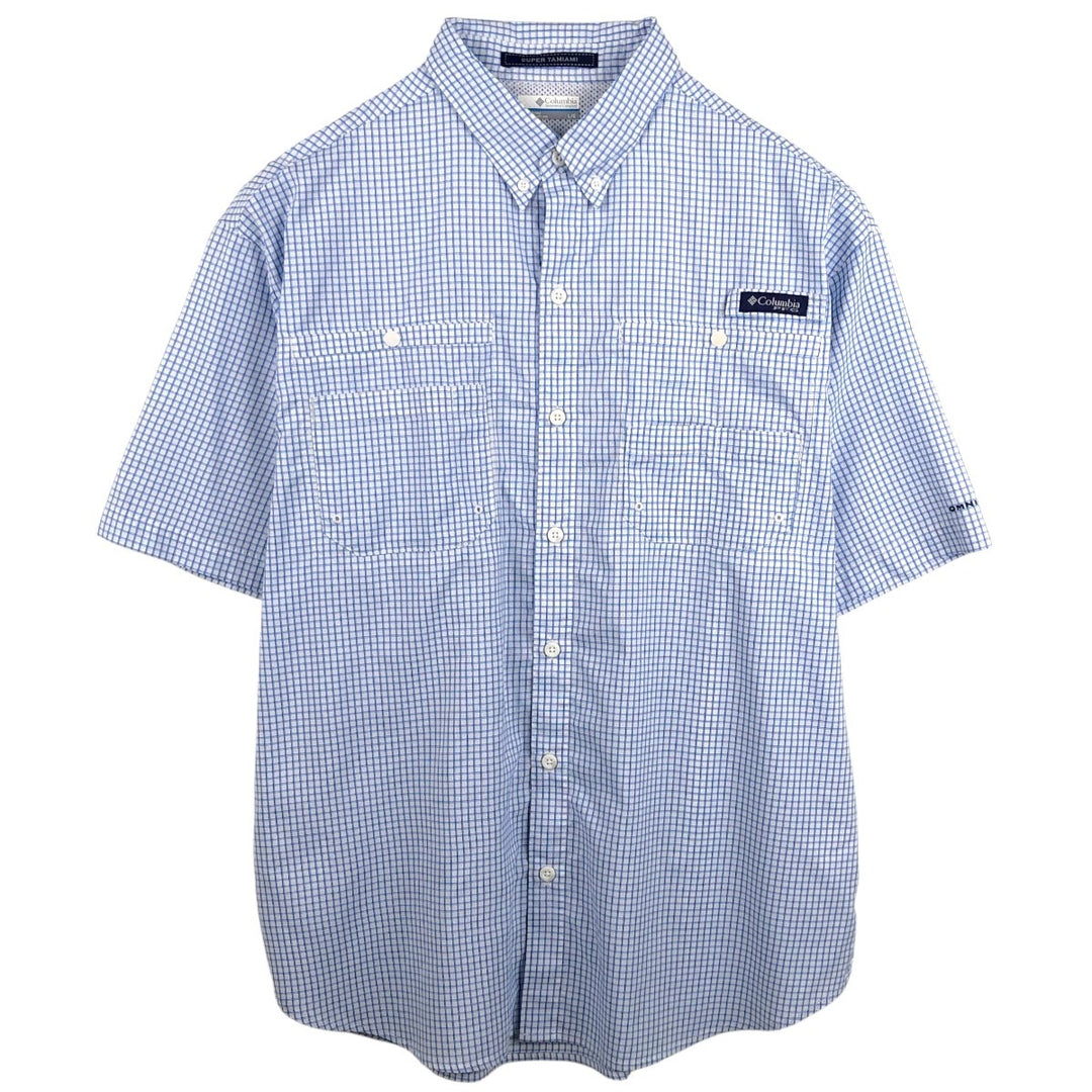 Columbia PFG Check Pattern OMNI-SHADE Button-Down Short-Sleeve Fishing Shirt (Men's Size L) polyester white type Vintage Second Hand