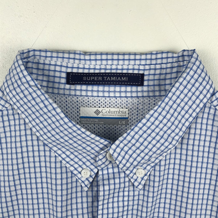 Columbia PFG Check Pattern OMNI-SHADE Button-Down Short-Sleeve Fishing Shirt (Men's Size L) polyester white type Vintage Second Hand
