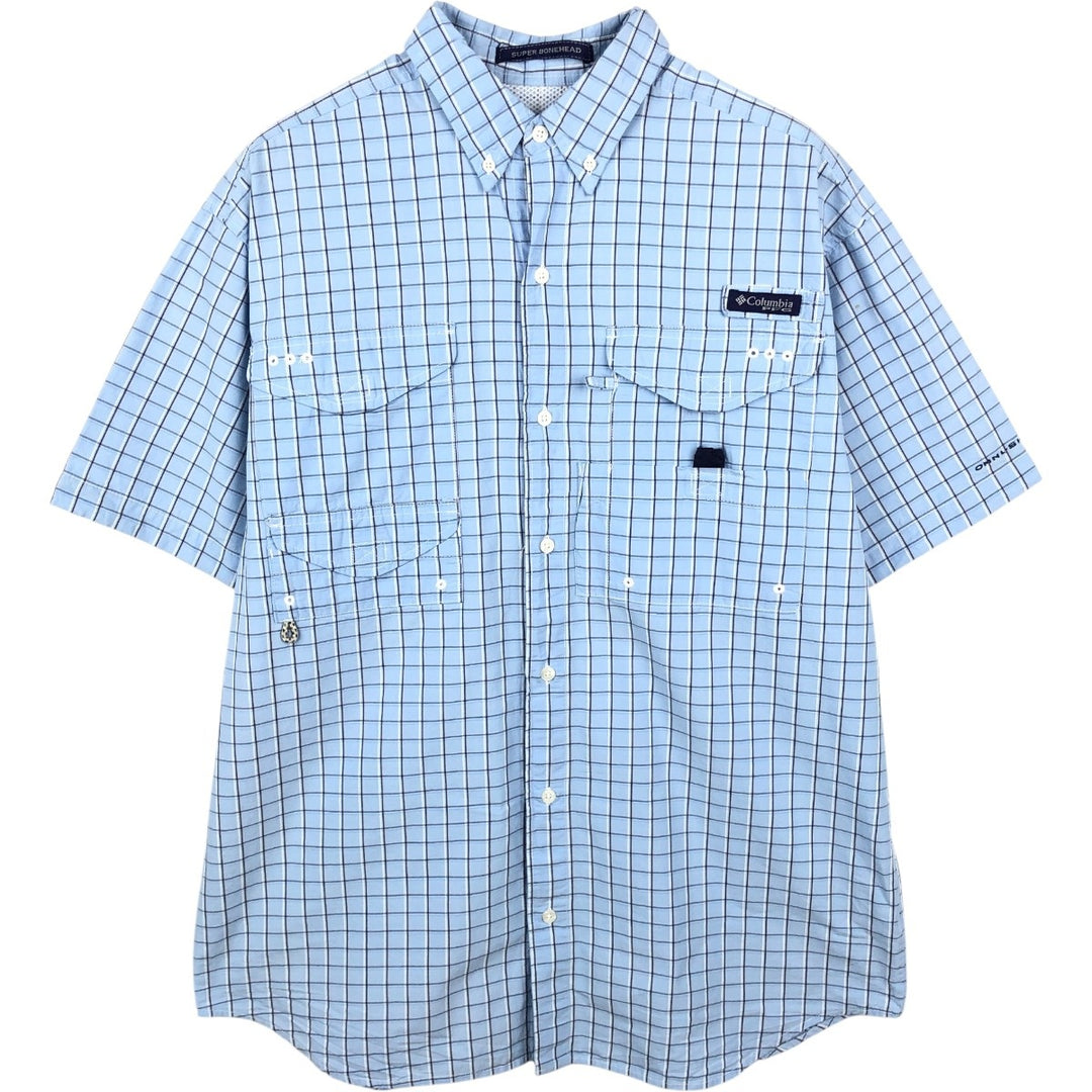 Columbia PFG Check Pattern OMNI-SHADE Button-Down Short-Sleeve Fishing Shirt (Men's Size M) cotton Blue type light blue Vintage Second Hand