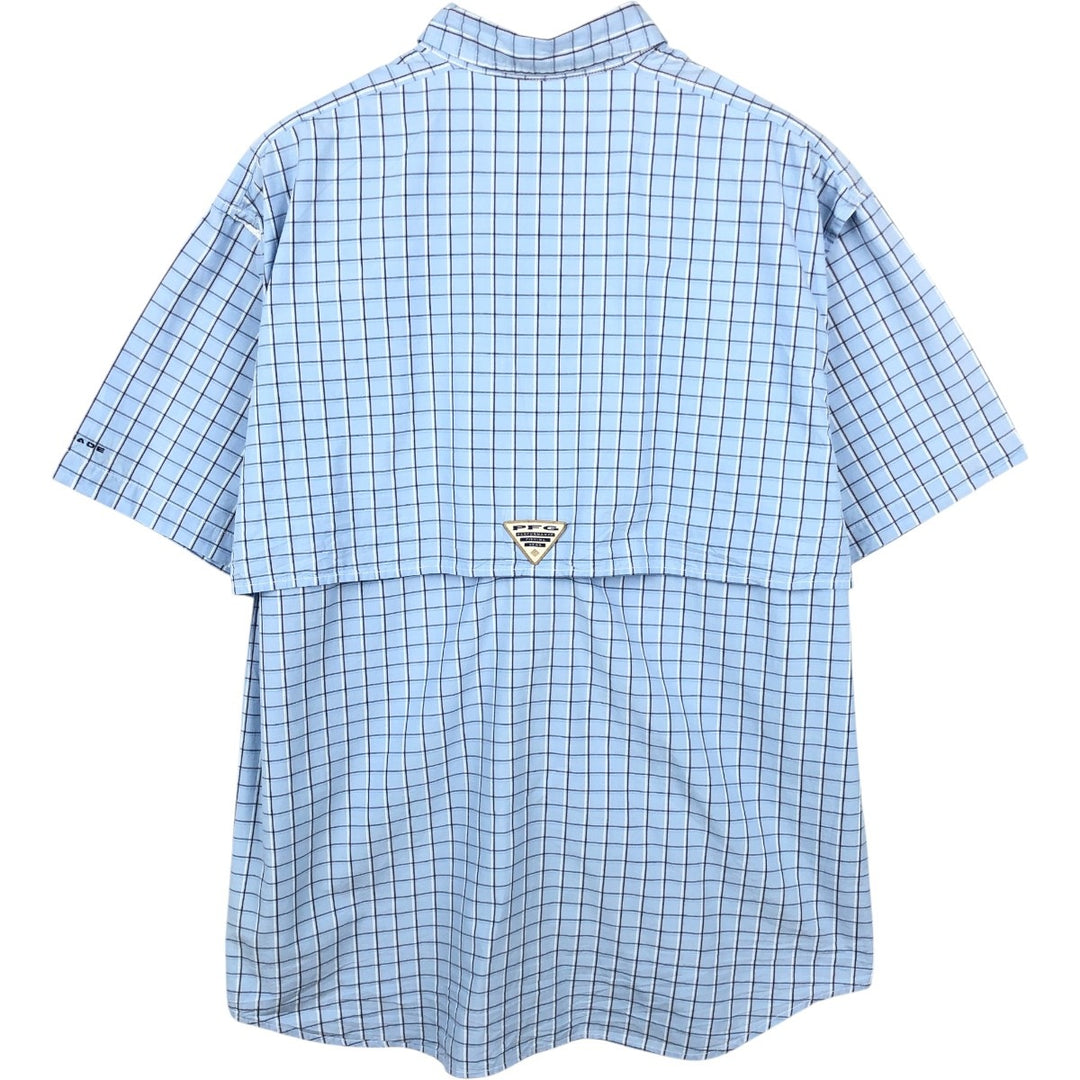 Columbia PFG Check Pattern OMNI-SHADE Button-Down Short-Sleeve Fishing Shirt (Men's Size M) cotton Blue type light blue Vintage Second Hand