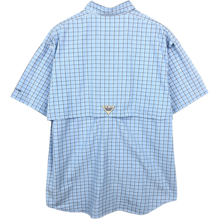 Columbia PFG Check Pattern OMNI-SHADE Button-Down Short-Sleeve Fishing Shirt (Men's Size M) cotton Blue type light blue Vintage Second Hand