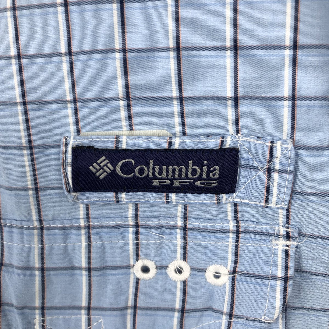 Columbia PFG Check Pattern OMNI-SHADE Button-Down Short-Sleeve Fishing Shirt (Men's Size M) cotton Blue type light blue Vintage Second Hand