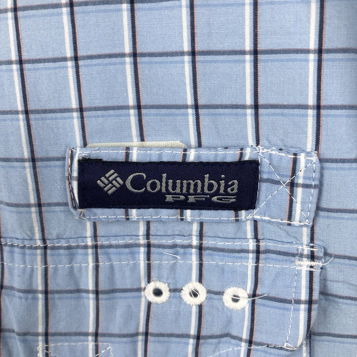 Columbia PFG Check Pattern OMNI-SHADE Button-Down Short-Sleeve Fishing Shirt (Men's Size M) cotton Blue type light blue Vintage Second Hand