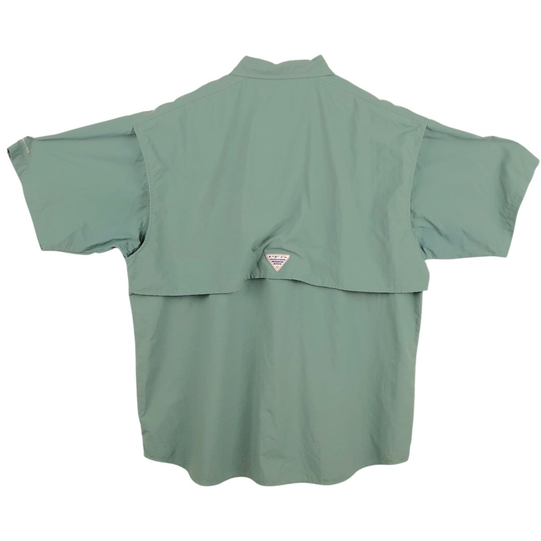 Columbia PFG OMNI-SHADE Button-down Short Sleeve Fishing Shirt, Men's Size L Nylon Khaki type Vintage Second Hand