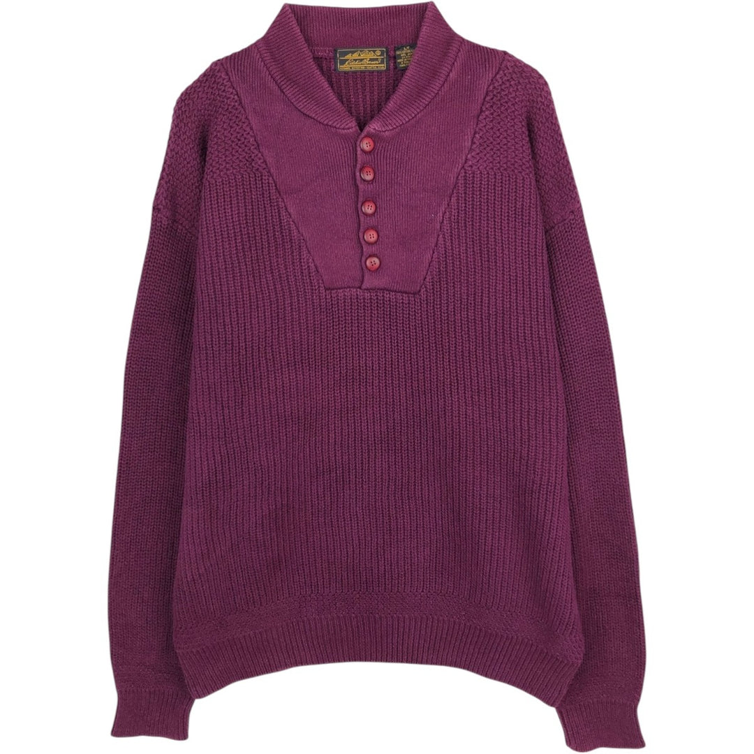 80s-90'S Eddie Bauer Henley Neck Ribbed Cotton Knit Sweater, Men's Size L (Equivalent), Vintage cotton wine-red Vintage Second Hand