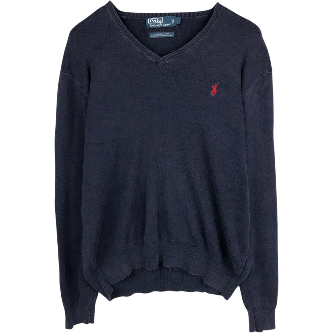 Ralph Lauren POLO by Ralph Lauren V-neck Pima cotton knit sweater, men's size L Pima Cotton navy blue type Vintage Second Hand